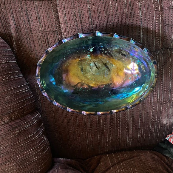 carnival glass, blues, purples, dish a touch of green. Legs on this dish fruit - Picture 2 of 2